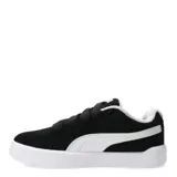 Championes Puma modelo Park Life Style Easy SD, de corte bajo y diseño urbano. Presentan una capellada de gamuza sintética en color negro con la icónica franja lateral de Puma en color blanco y suela de goma blanca.