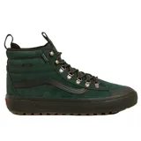 Championes de caña alta Vans modelo Sk8-Hi MTE DR Waterproof, color verde oscuro. Confeccionados en gamuza con tecnología impermeable HydroGuard, presentan ojales metálicos reforzados tipo bota de montaña, cordones redondos y suela de goma negra con diseño dentado para mayor tracción.
