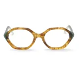 Armazón de anteojos Mr Boho modelo Paquita, con diseño geométrico y estampado carey en tonos marrones. Presenta patillas con detalles en color verde oscuro.