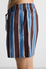 Short de baño confeccionado en tejido técnico con diseño de rayas verticales en tonos azul, marrón y beige. Cuenta con cintura elástica ajustable con cordón, bolsillos laterales y forro interior.