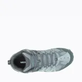 Botín de senderismo impermeable Merrell Accentor 3 Mid WP, color gris con detalles en celeste. Fabricado con parte superior de ante y malla, cordones y correas recicladas, puntera protectora de goma y suela de goma adherente.