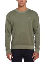 Buzo verde militar de algodón con cuello redondo, corte slim fit, mangas largas y logo bordado en el pecho.