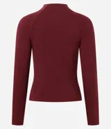 Campera deportiva Get Over en microfibra bordó, de ajuste próximo al cuerpo, con cuello alto, cierre frontal por cremallera y franja blanca contrastante desde los hombros hasta los puños.