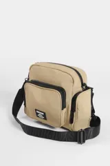 Bandolera verde militar de nylon, con múltiples bolsillos con cierre, correa ajustable negra con inscripción y etiqueta frontal de la marca Symphorine.