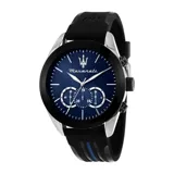 Reloj Maserati Traguardo con caja de acero inoxidable, esfera azul con diseño de cronógrafo y correa de silicona negra con detalle de línea azul.
