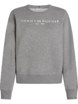 Buzo deportivo gris melange de corte regular con hombros caídos. Presenta el logo de Tommy Hilfiger en blanco centrado en el pecho y un pequeño logo bordado en la manga.