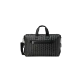 Bolso de viaje Lacoste de la línea The Blend, color negro con monograma geométrico, asas superiores, bolsillo frontal con cierre y compartimento para laptop.