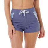 Short de baño azul con cintura elastizada y cordón de ajuste. Presenta paneles laterales en celeste con ribetes amarillos.