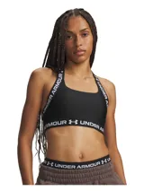 Top deportivo Under Armour modelo HeatGear Mid T Back, color negro con tirantes elásticos y banda inferior elástica con el nombre y logotipo de la marca en blanco. Cuenta con soporte estratégico y diseño de espalda en T.