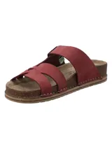 Sandalias de cuero color bordó, con diseño de tiras cruzadas en el empeine y una tira ajustable con hebilla metálica. Cuenta con plantilla acolchada y suela de corcho con base de goma antideslizante.
