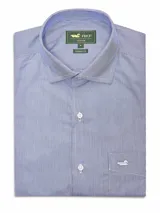 Camisa de vestir de hombre a rayas verticales azules y blancas, de corte regular fit, con cuello italiano, cierre con botones y bolsillo en el pecho con logo bordado.