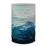 Cuello multifuncional Buff con diseño de estampado de montañas en degradado de tonos azules. Confeccionado con tecnología sin costuras y tejido elástico, ideal para actividades al aire libre y deportes de invierno.