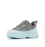 Championes de senderismo Columbia modelo Tellurix Titanium Omni-Max para mujer, en color gris con suela y detalles en celeste. Confeccionados con malla técnica impermeable y transpirable OutDry, sistema de sujeción NAVIC FIT y suela Vibram con tacos para mayor tracción en terrenos difíciles.