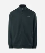 Buzo deportivo Get Over de color verde oscuro, confeccionado en tejido de algodón y poliéster. Presenta cuello alto, cierre frontal completo con cremallera, mangas largas con puños ajustados y bolsillos laterales. Incluye un pequeño lettering bordado en el pecho.