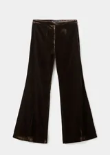Pantalón de terciopelo marrón de tiro alto y estilo flare, con diseño largo y forro interior.