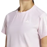 Remera deportiva Adidas Own The Run color rosa claro, con cuello redondo, mangas cortas y tres tiras en los hombros.