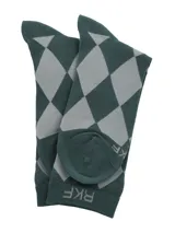 Medias de caña media con estampado de rombos en tonos verde oscuro y gris, con logo de la marca tejido en la parte superior.