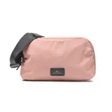 Bandolera rosa de tela con correa ajustable al hombro, dos compartimentos con cierre, forro interior textil y bolsillo interno con cierre.