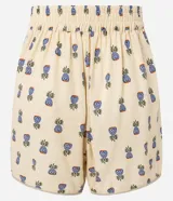 Short de tiro alto confeccionado en mezcla de viscosa y lino, con estampado de piñas pequeñas. Presenta bolsillos frontales redondeados y cintura con elástico en la parte posterior.