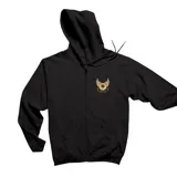 Campera con cierre frontal, confeccionada en algodón, color negro. Presenta un diseño estampado en el pecho con un ojo alado y la inscripción EMEXEM.