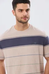 Remera de algodón con diseño de rayas horizontales en tonos azul marino, celeste y líneas finas en verde claro y amarillo pálido. Cuenta con cuello redondo y mangas cortas, con un pequeño bordado en el pecho.