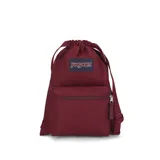Mochila JanSport color bordó, tipo bolso con cordón ajustable y bolsillo frontal con cierre.