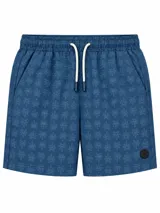 Short de baño azul con estampado de palmeras, cintura elástica con cordón ajustable blanco y bolsillos laterales.