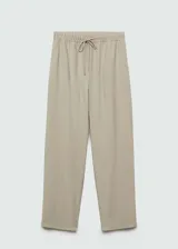 Pantalon de corte recto y diseño jogger, confeccionado en tejido fluido color beige. Presenta cintura elástica con cordón ajustable, tiro alto y bolsillos laterales.