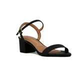 Sandalias de taco cuadrado Vizzano, color negro, con tira delantera ancha y tira ajustable al tobillo con hebilla dorada.