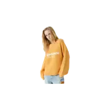 Sweater de punto en color naranja tangerina con textura en zigzag, cuello redondo y manga larga. Cuenta con estampado tipográfico blanco en el pecho con la marca Eme Studios y un lema secundario.