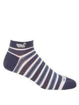 Medias cortas de fibra de bambú RKF con diseño de rayas horizontales en tonos azul marino, celeste y beige. Presentan detalle de la marca en la puntera y un pequeño logo bordado de pato en el tobillo.