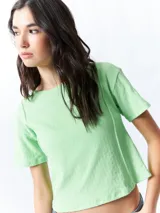 Remera corta negra de manga corta y cuello redondo.