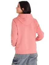 Buzo tipo hoodie de la marca Caterpillar, color rosado, con capucha ajustable mediante cordones, bolsillo canguro frontal y estampado con el logo de la marca en el pecho.
