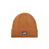Gorro de lana color marrón acaramelado, con diseño acanalado y logo de Puma en etiqueta cosida en el frente.