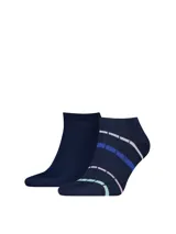 Pack de dos pares de medias cortas Tommy Hilfiger color azul marino. Un par es liso y el otro presenta líneas horizontales en tonos celestes, blancos, rosados y azules.