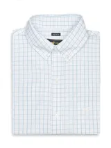 Camisa clásica de manga larga de RKF, color blanco con patrón de cuadros finos en color azul. Presenta cuello abotonado, cierre frontal con botones, un bolsillo en el pecho con el logo bordado y calce regular.