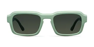 Lentes de sol cuadrados con montura de pasta color verde claro y lentes polarizadas color verde oscuro.