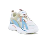 Championes urbanos Austral modelo Ariadna, color blanco con detalles en celeste, beige y rosa. Confeccionados en material sintético y malla, con plataforma y cordones.