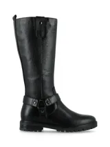 Bota de caña alta negra de cuero graneado con suela track y detalle de tiras con herraje metálico alrededor del tobillo.