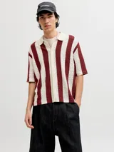 Polo de tejido estructurado con diseño de rayas verticales en colores bordó y blanco, cuello polo, mangas cortas y cierre frontal de botones.