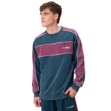 Buzo de cuello redondo Rusty, con diseño de bloques de color en verde petróleo y bordó, con detalles de líneas blancas y logo bordado en el pecho.