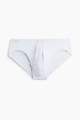 Traje de baño tipo slip para hombre, color blanco, confeccionado en tejido funcional de secado rápido con cordón ajustable en la cintura.