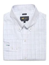 Camisa de manga larga RKF con estampado de cuadros finos en tonos azul y negro sobre fondo blanco. Presenta cuello americano abotonado, cierre frontal con botones, puños con doble botón y bolsillo en el pecho con el logo de la marca bordado.