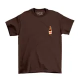 Remera de algodón color beige con estampado gráfico en la espalda que simula una etiqueta de cerveza con la inscripción Emexem, Tristán Narvaja e Industria Uruguaya.