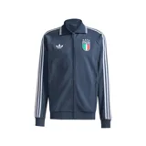 Campera deportiva Adidas de la selección de Italia, color azul marino con cuello polo, cierre frontal completo, tres bandas blancas en las mangas y logo del trébol junto al escudo de la selección en el pecho.