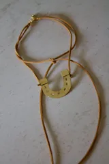 Collar con dije de herradura dorada y cordón de cuero sintético marrón.