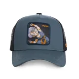 Gorra tipo trucker de color gris azulado con paneles traseros de malla negra. Presenta un parche bordado en el frente con el personaje Trunks de Dragon Ball Z.