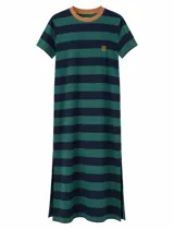 Vestido midi de algodón con diseño a rayas horizontales en tonos verde y azul marino, corte recto de mangas cortas, cuello redondo marrón y pequeño logo bordado en el pecho.