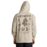 Canguro con capucha y cordones ajustables, color beige, con bolsillo frontal tipo canguro y estampado gráfico de la marca Roark en el pecho.