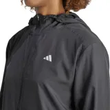 Campera de running negra con capucha ajustable, cierre frontal completo, logo de Adidas estampado en el pecho y detalles reflectantes.